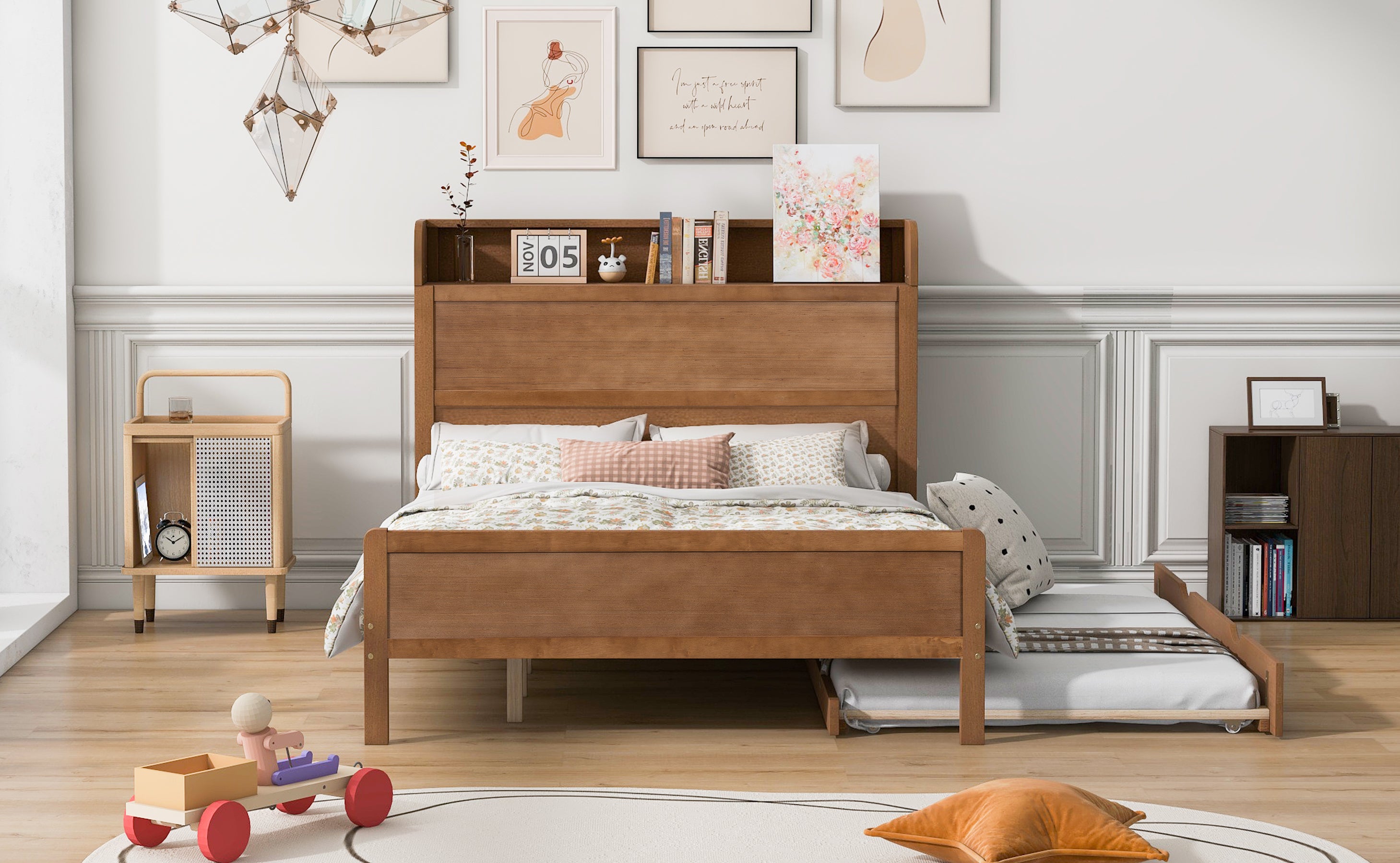 Full Size Platform Bed with Storage Headboard and Twin Size Trundle, Walnut - Atlantic Fine Furniture Melbourne FL