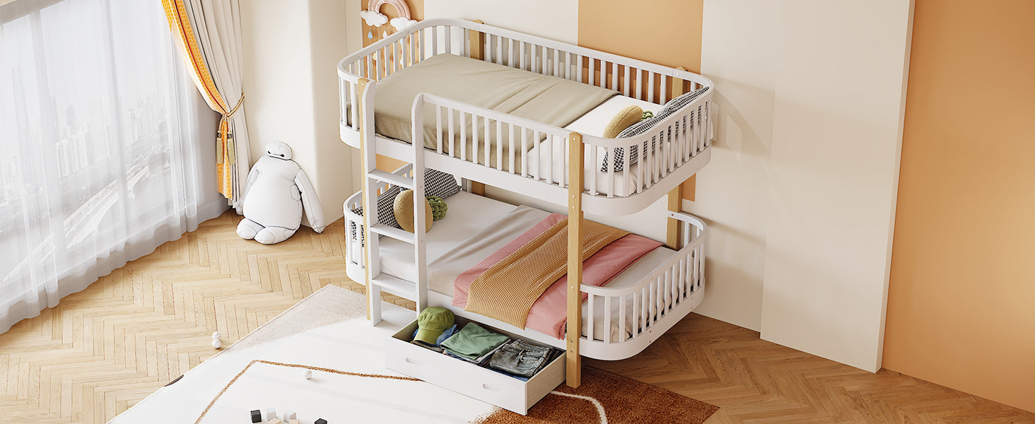 Wood Twin over Twin Bunk Bed with Fence Guardrail and a Big Drawer, White - Atlantic Fine Furniture Melbourne FL