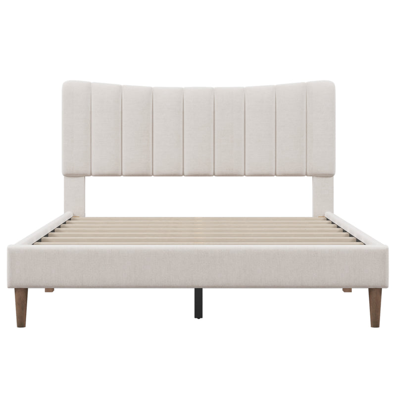 Upholstered Platform Bed Frame with Vertical Channel Tufted Headboard, No Box Spring Needed, Queen,Cream