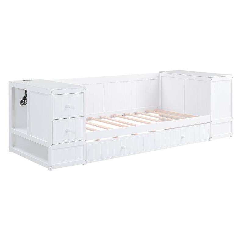 Twin Size Daybed with Storage Arms, Trundle and Charging Station, White