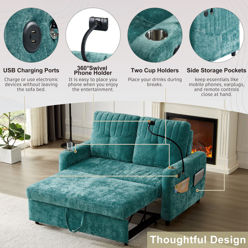 Modern Loveseat Pull Out Sofa Bed With Adjustable Backrest, Two Cup Holders, A Phone Holder, Three Charging Ports And Side Storage Pockets For Living Room