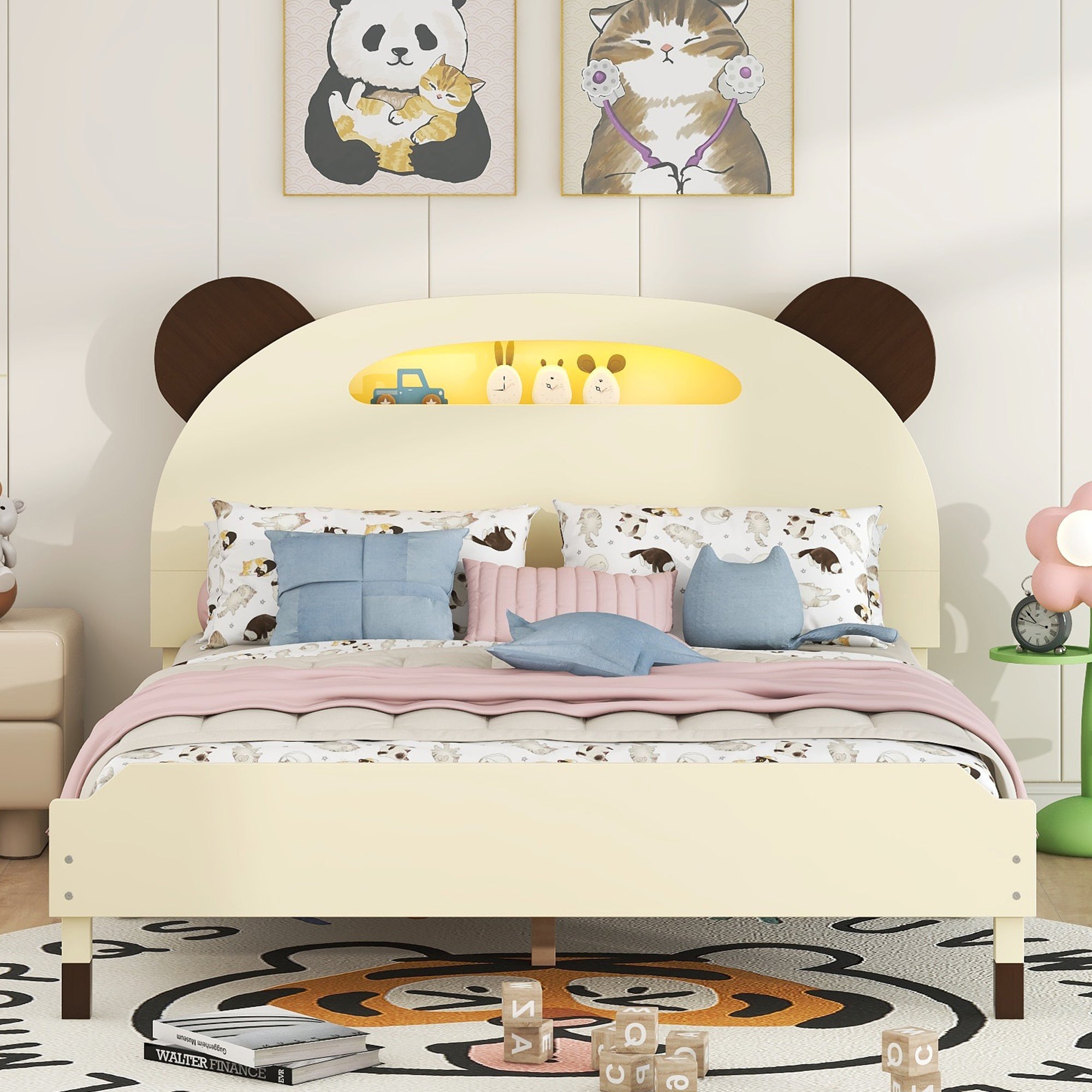 Full Size Wood Platform Bed with Bear-shaped Headboard,Bed with Motion Activated Night Lights,Cream+Walnut - Atlantic Fine Furniture Melbourne FL
