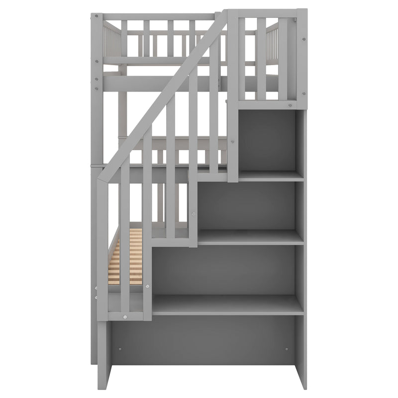 Twin over Twin Bunk Bed with Trundle and Storage, Gray