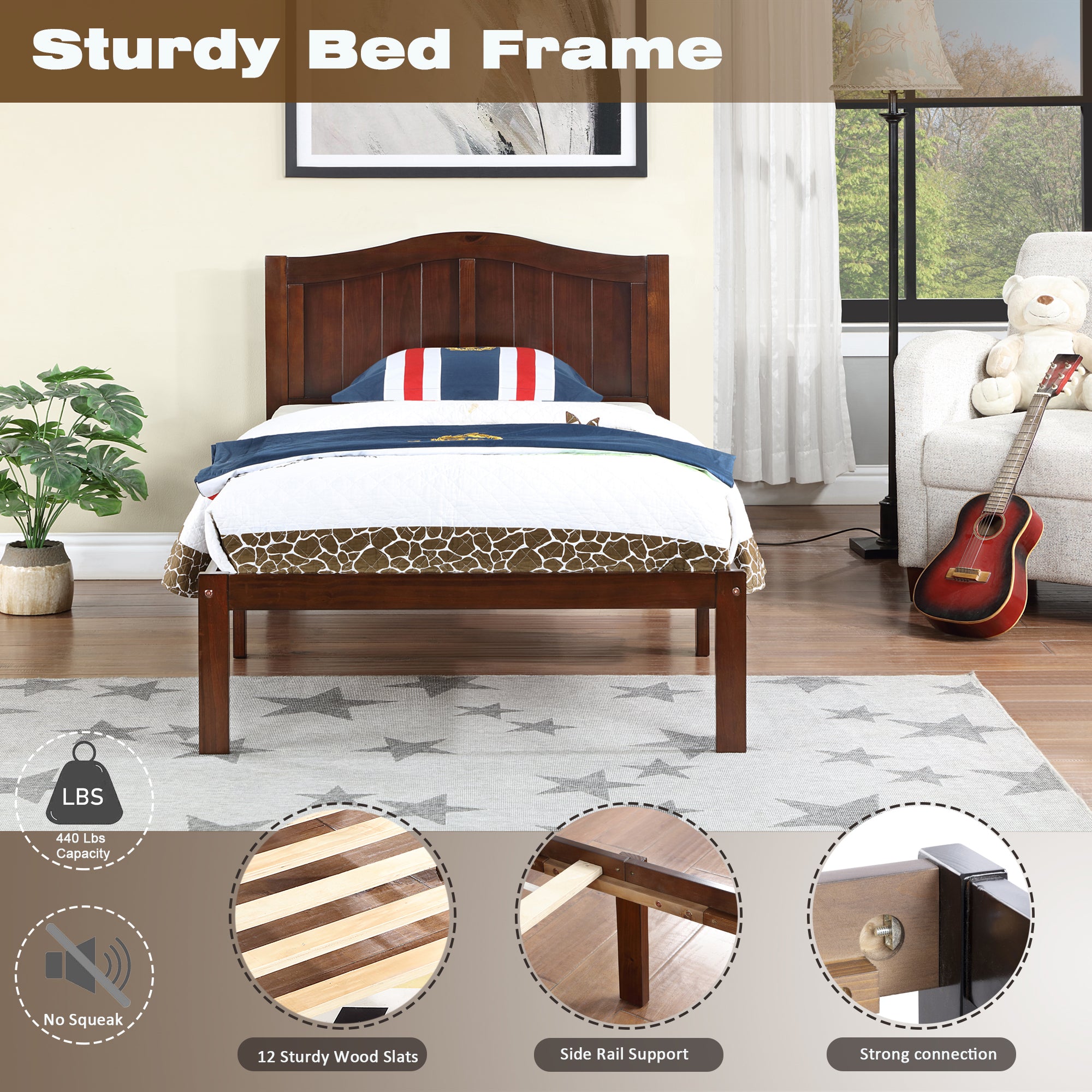 Twin Size Bed, Wood Platform Bed Frame with Headboard For Kids, Slatted, Dark Walnut - Atlantic Fine Furniture Melbourne FL