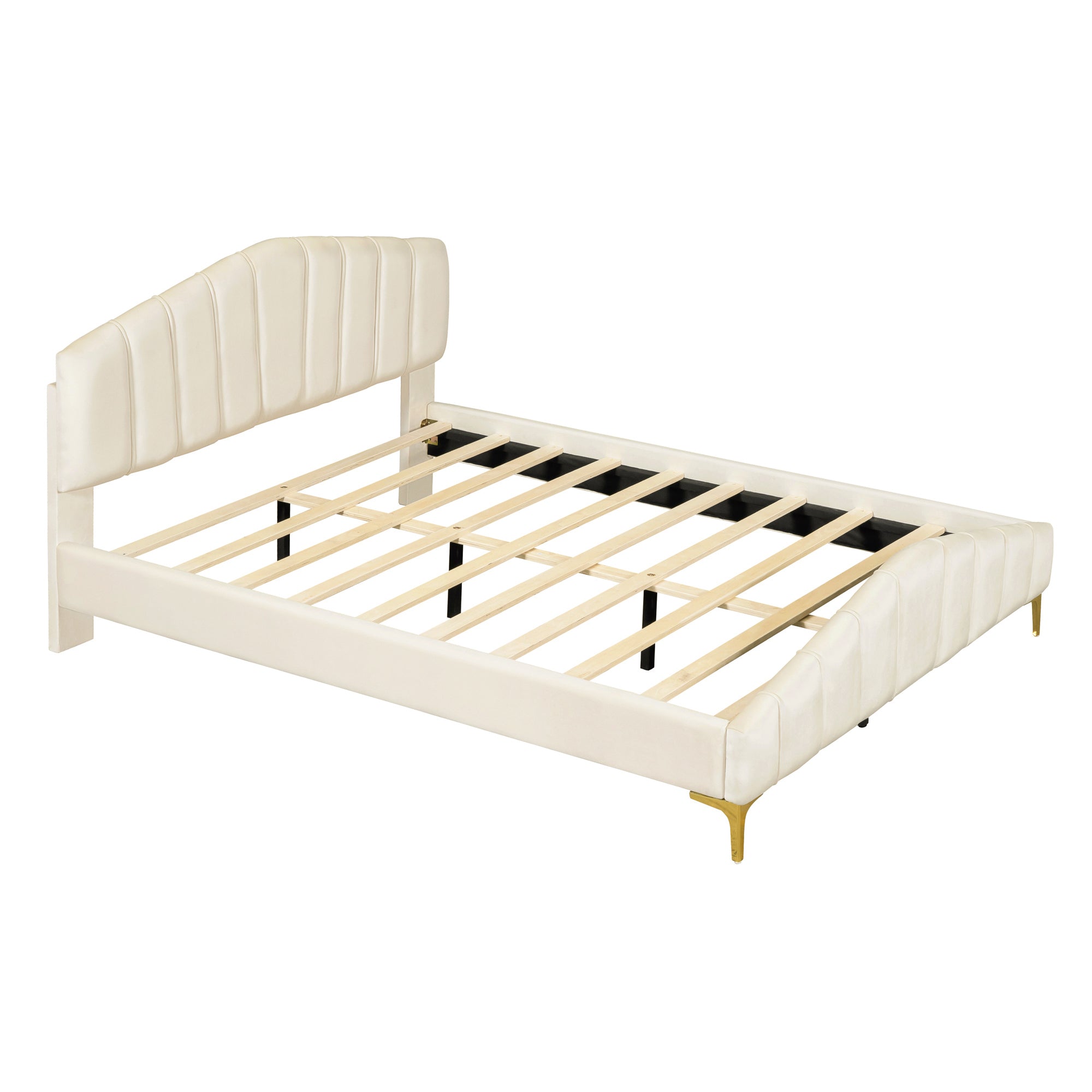Queen Size Velvet Platform Bed with Thick Fabric, Stylish Stripe Decorated Bedboard and Elegant Metal Bed Leg, Beige - Atlantic Fine Furniture Melbourne FL