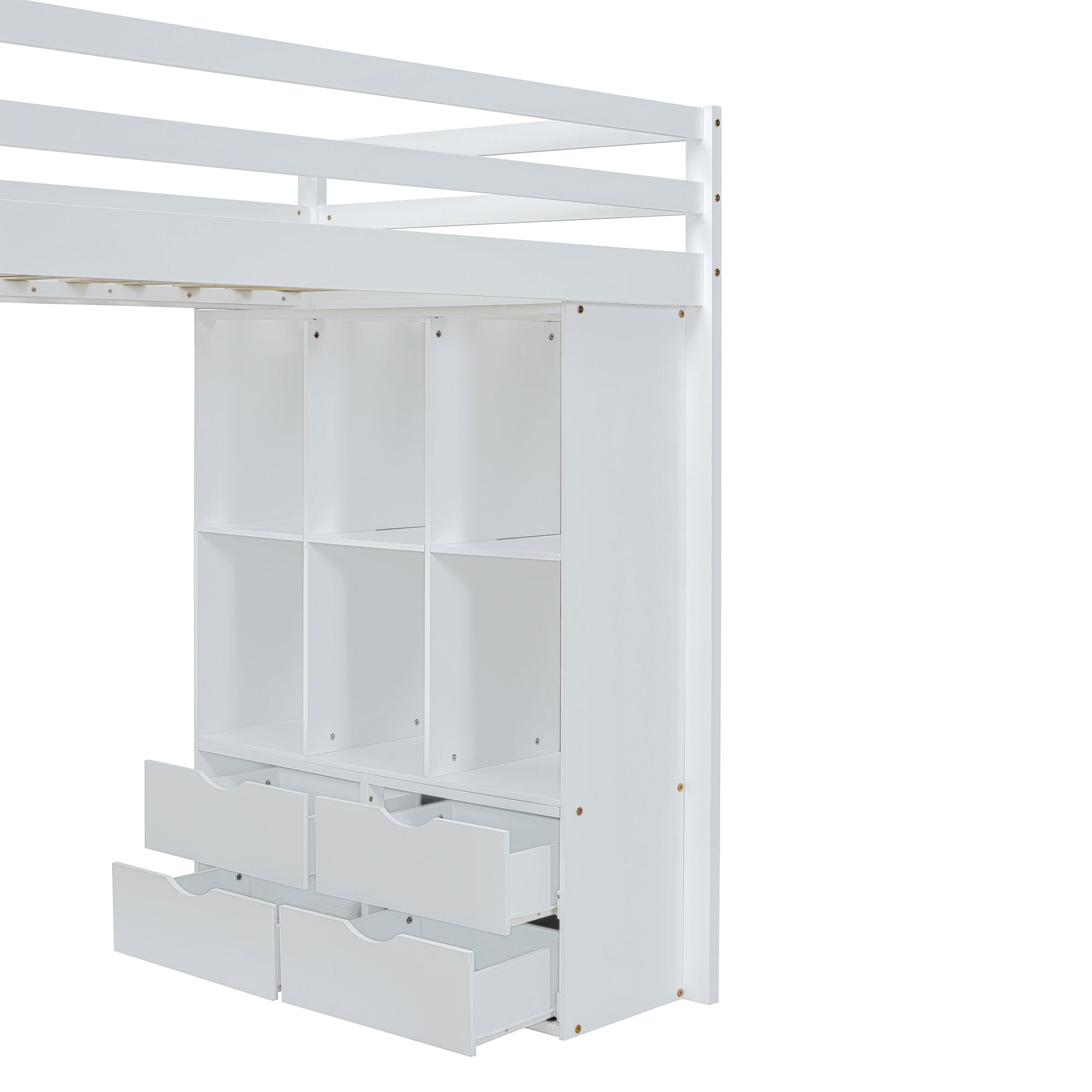 Full Size Loft Bed with large shelves, writing desk and LED Light, White - Atlantic Fine Furniture Melbourne FL