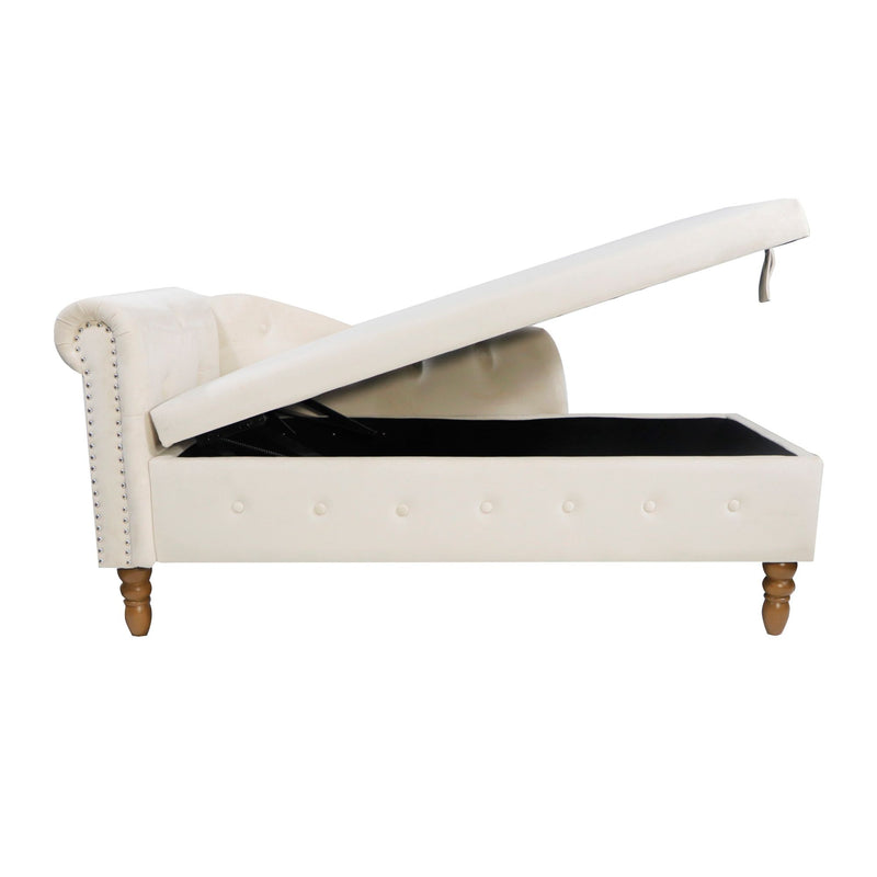 Chaise Lounge Indoor, Velvet Lounge Chair For Bedroom With Storage & Pillow, Modern Upholstered Rolled Arm Chase Lounge For Sleeping With Nailhead Trim For Living Room Bedroom Office