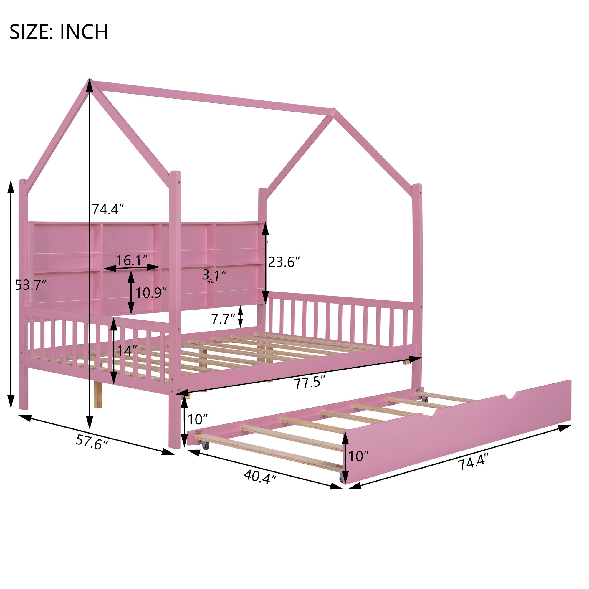 Wooden Full Size House Bed with Trundle,Kids Bed with Shelf,Pink - Atlantic Fine Furniture Melbourne FL