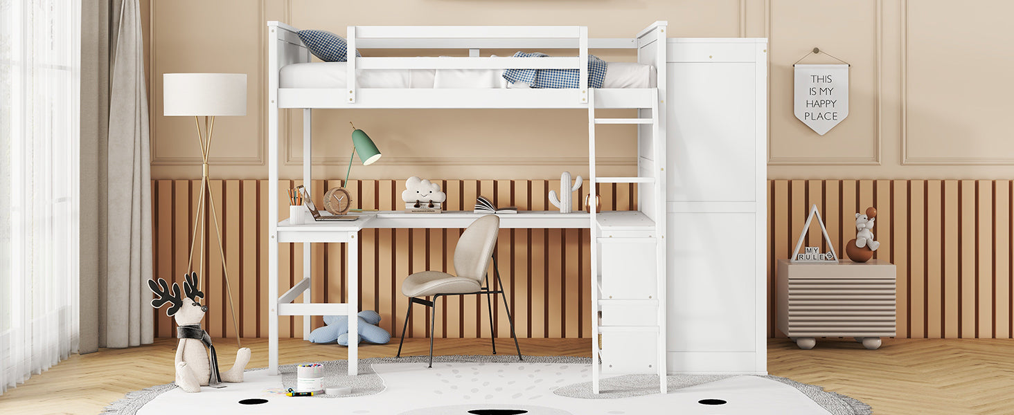 Full size Loft Bed with Desk, Shelves and Wardrobe-White - Atlantic Fine Furniture Melbourne FL