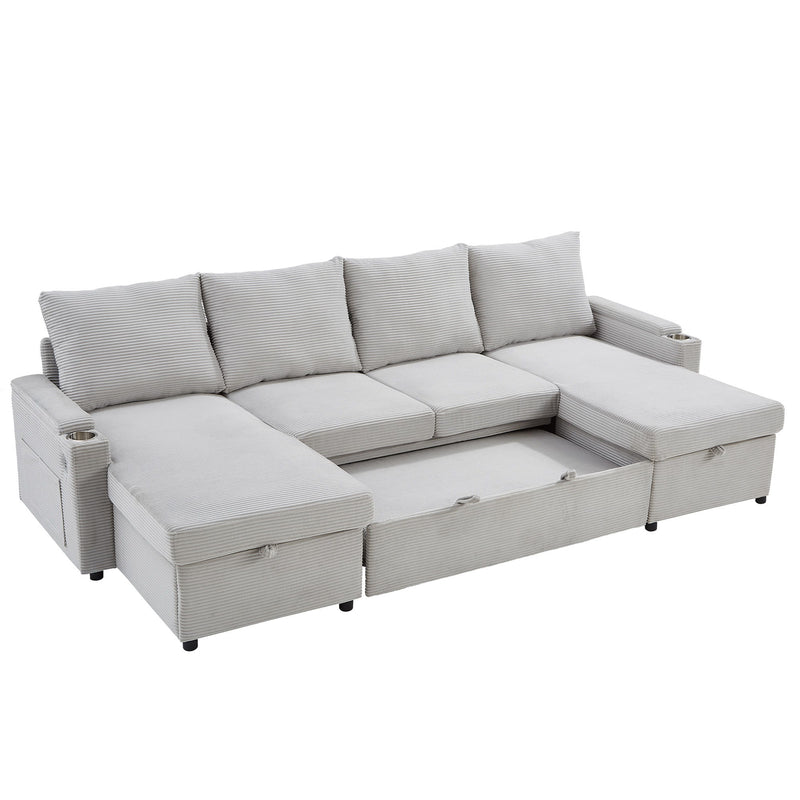 U Shaped Sectional Sofa Bed With Storage Chaise Lounges, USB Ports, And Cup Holders