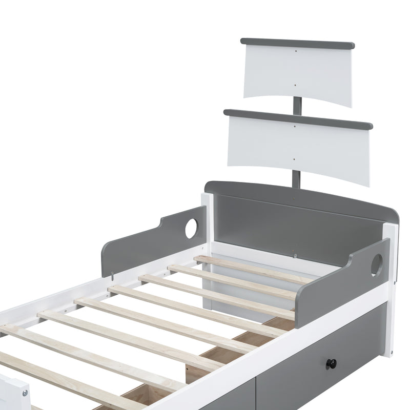 Twin Size Boat-Shaped Platform Bed with 2 Drawers,Twin Bed with Storage for Bedroom,Gray