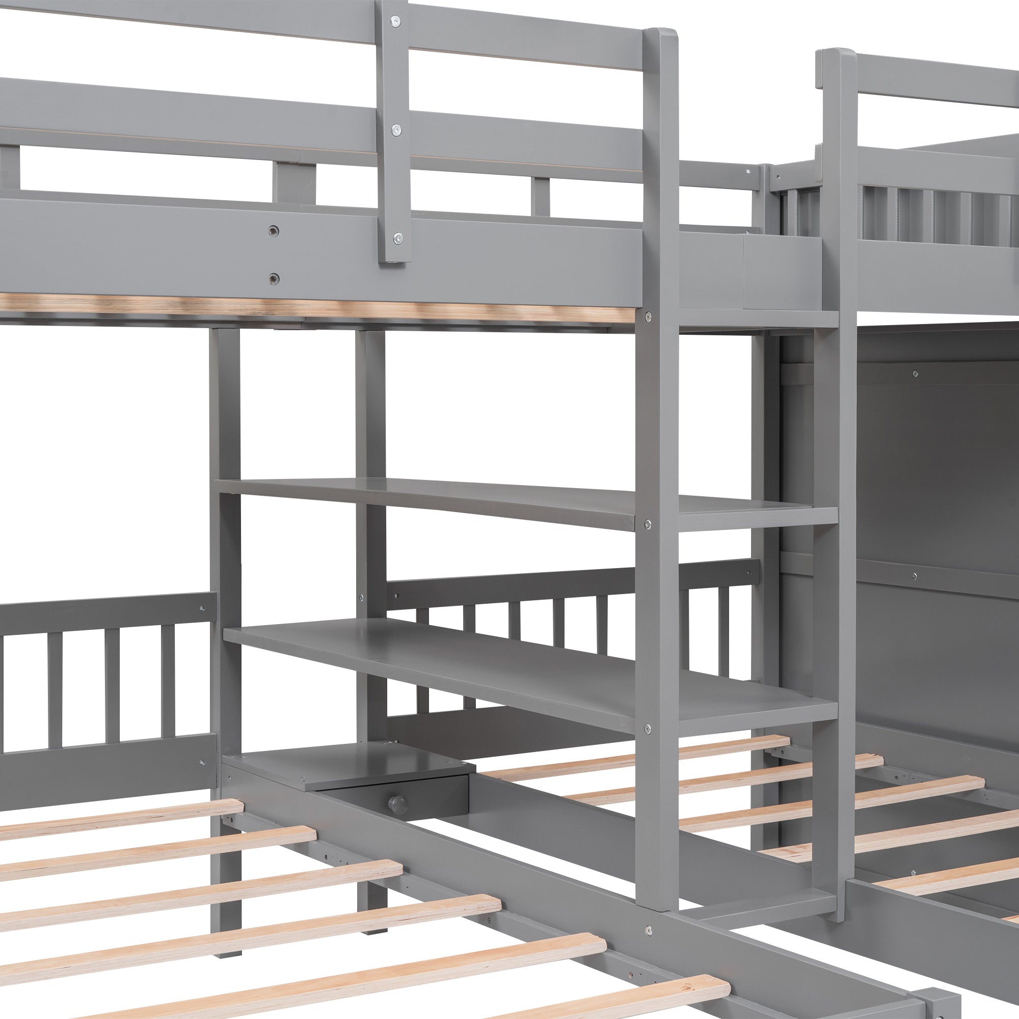 Full-Over-Twin-Twin Bunk Bed with Shelves, Wardrobe and Mirror, Gray - Atlantic Fine Furniture Melbourne FL