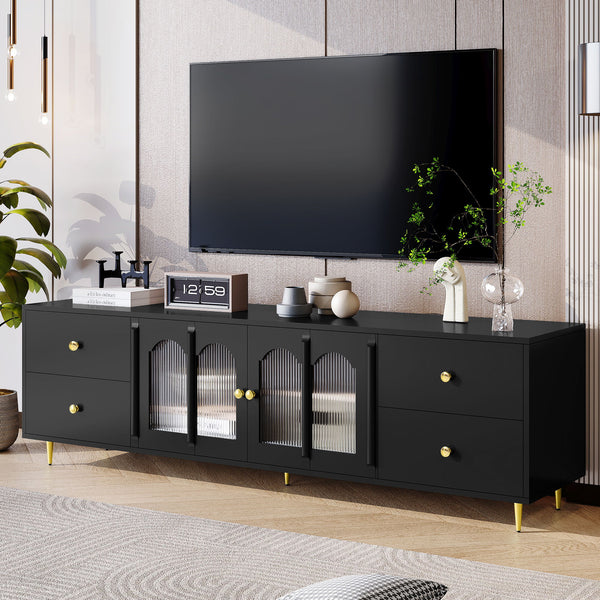 Modern TV Stand With Glass Door, 4 Drawers And 2 Cabinets