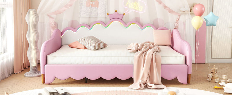 Extending Daybed With LED Lights, Modern Upholstered Princess Daybed With Crown Headboard