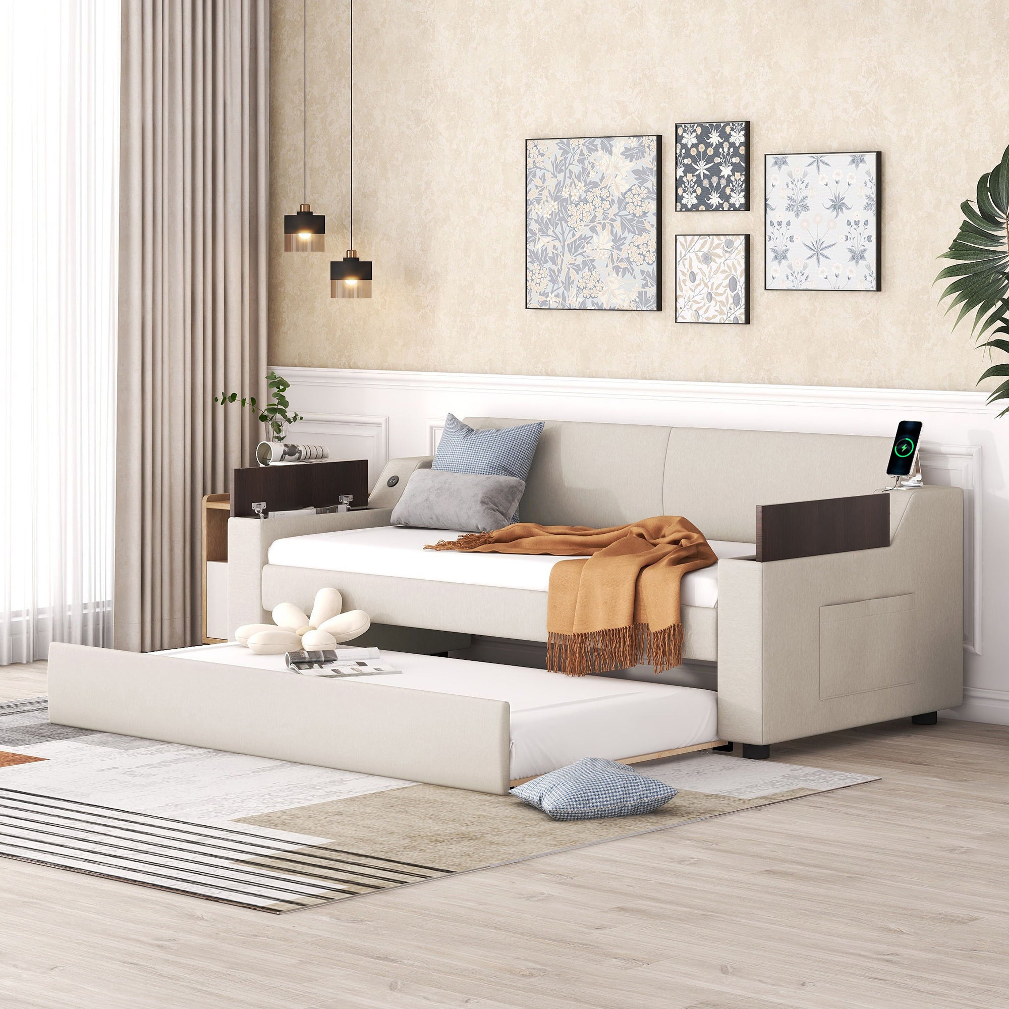 Twin Size Upholstery Daybed with Storage Arms, Trundle and USB Design, Beige - Atlantic Fine Furniture Melbourne FL