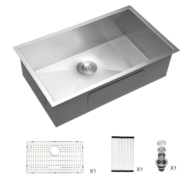 32" Undermount Kitchen Sink With, Single Bowl - Brushed Nickel