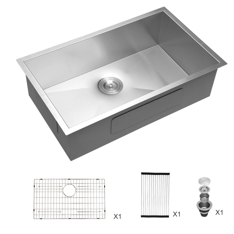 32" Undermount Kitchen Sink With, Single Bowl - Brushed Nickel