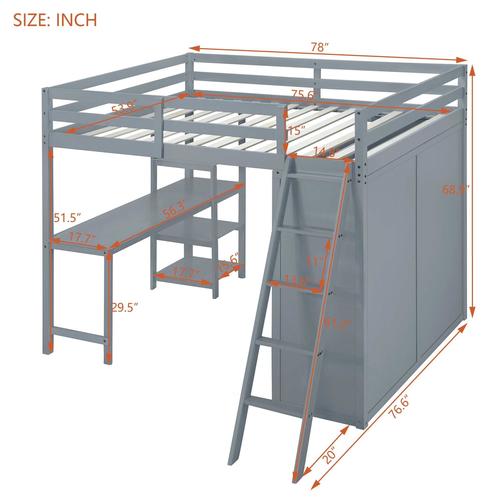 Full Size Loft Bed with Wardrobe and Desk and Shelves, Gray - Atlantic Fine Furniture Melbourne FL