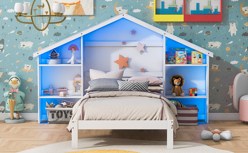 Wood Twin Size Platform Bed with House-shaped Storage Headboard and Built-in LED, White - Atlantic Fine Furniture Melbourne FL