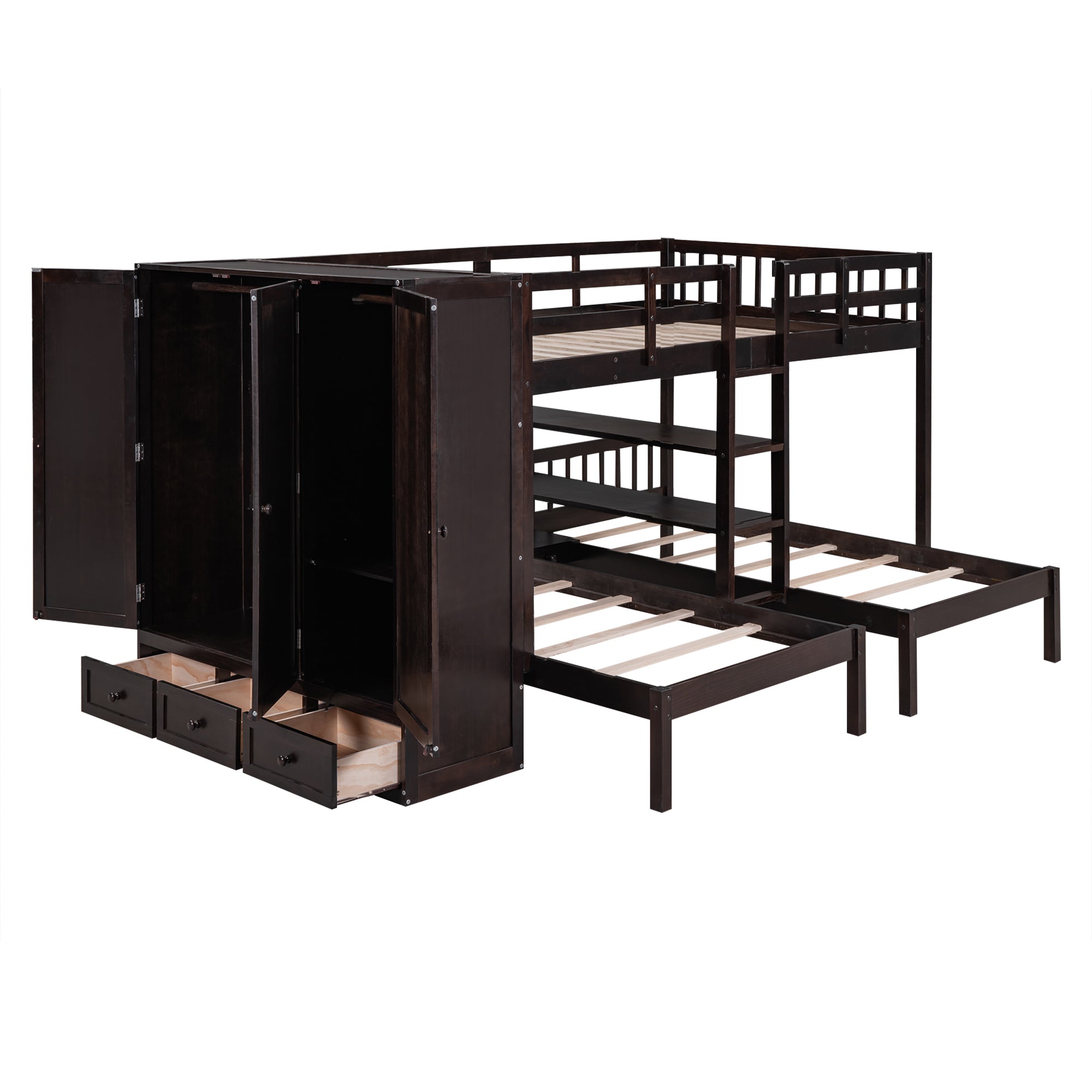 Full-Over-Twin-Twin Bunk Bed with Shelves, Wardrobe and Mirror, Espresso - Atlantic Fine Furniture Melbourne FL