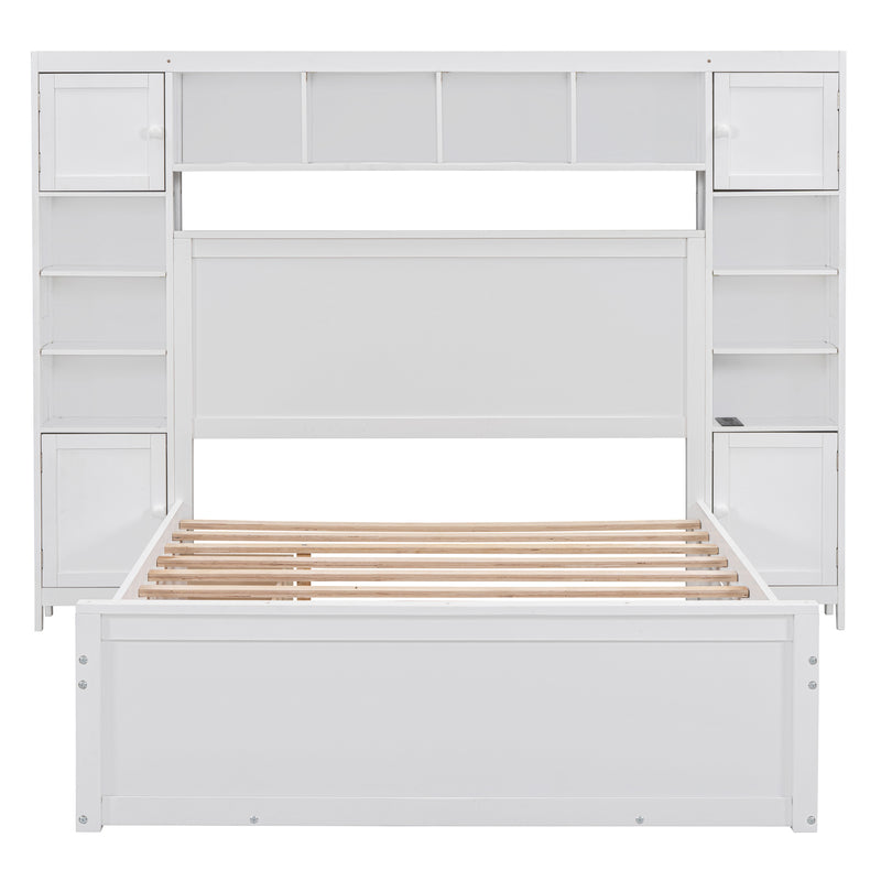 Full Size Wooden Bed With All-in-One Cabinet, Shelf and Sockets, White