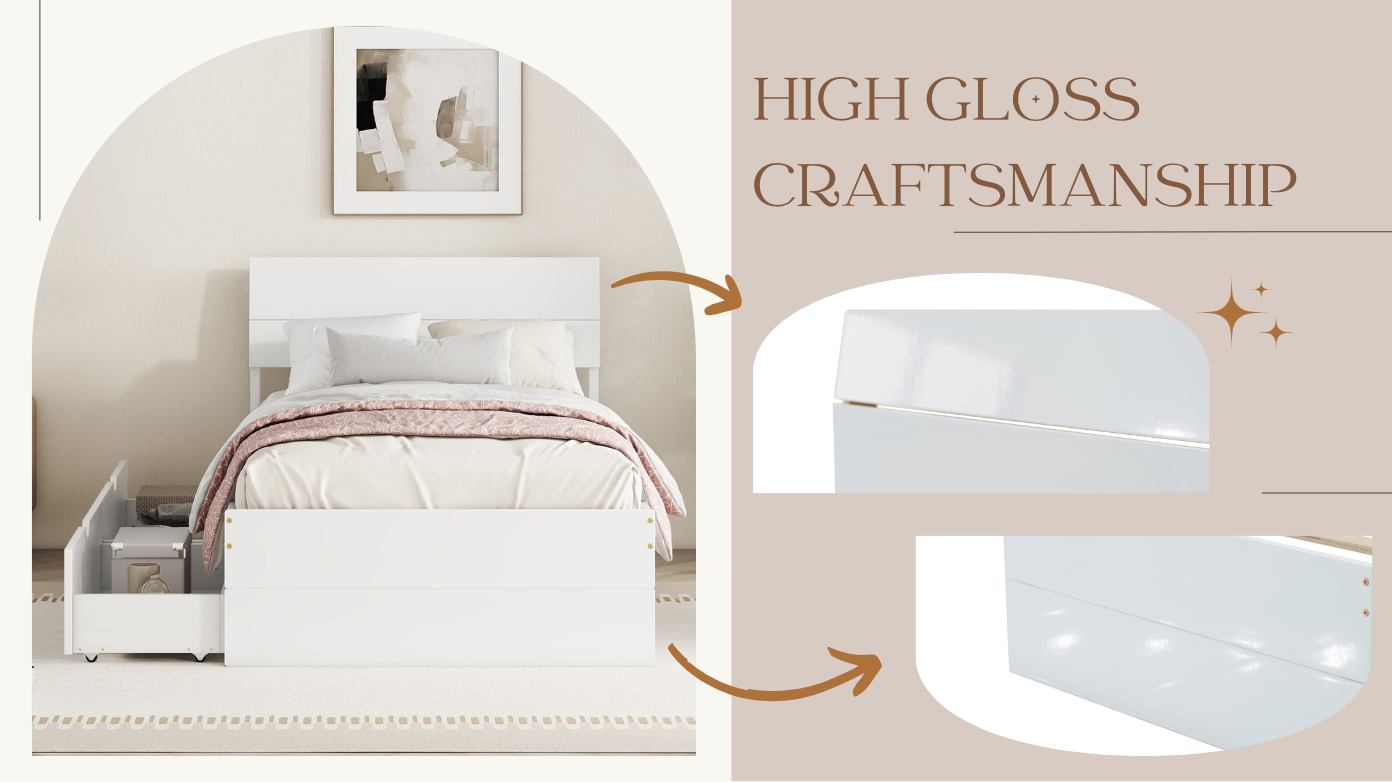 Modern Twin Bed Frame With 2 Drawers For White High Gloss Headboard and Footboard With Washed White Color