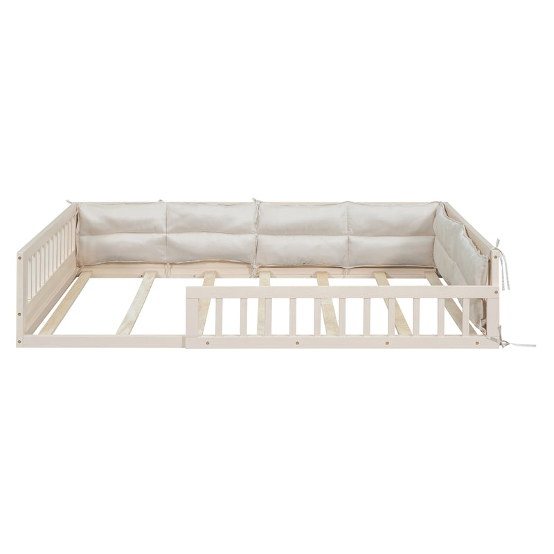 Wood Full Size Upholstered Platform Bed with Guardrail and Pillow, Beige