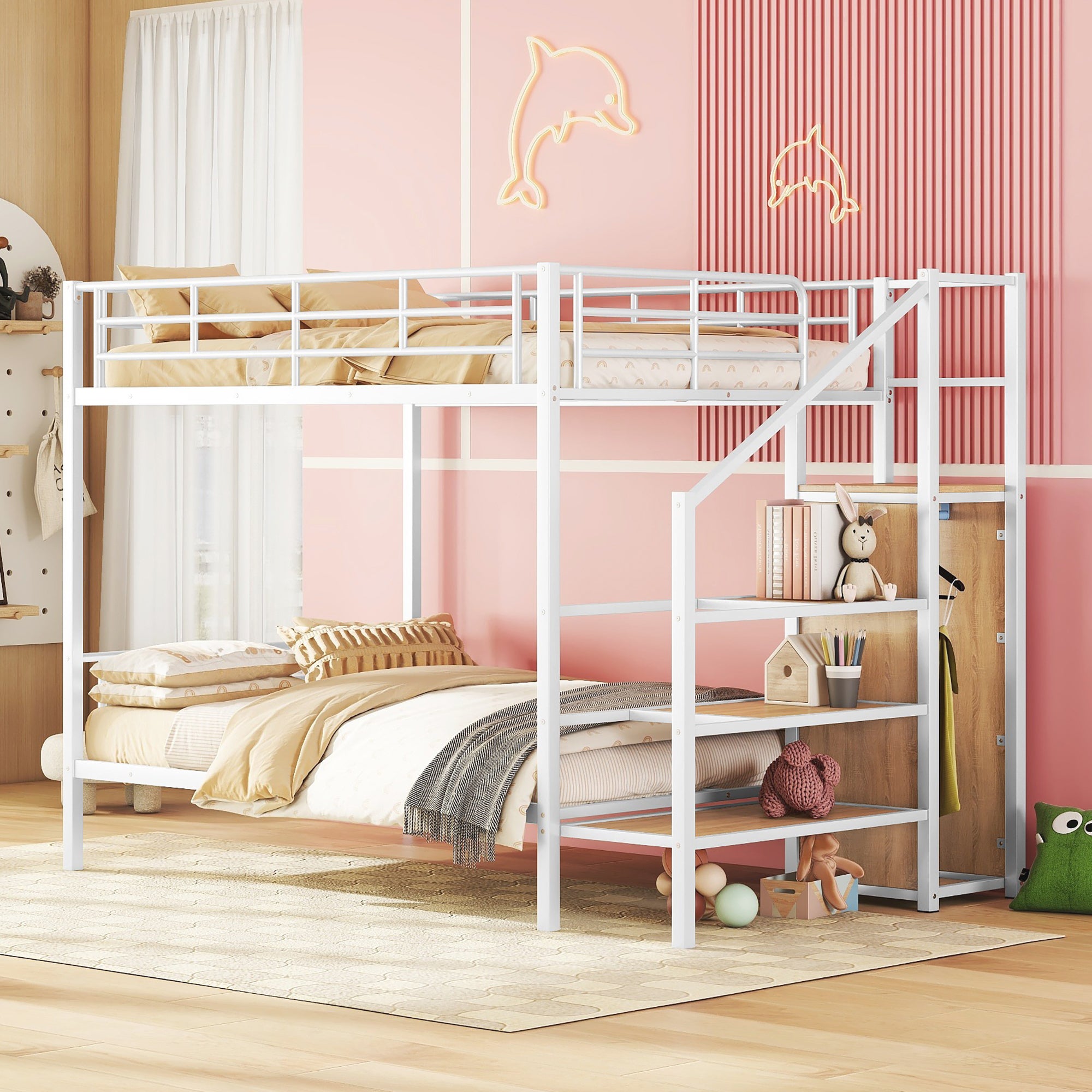 Full Over Full Metal Bunk Bed with Lateral Storage Ladder and Wardrobe, White - Atlantic Fine Furniture Melbourne FL