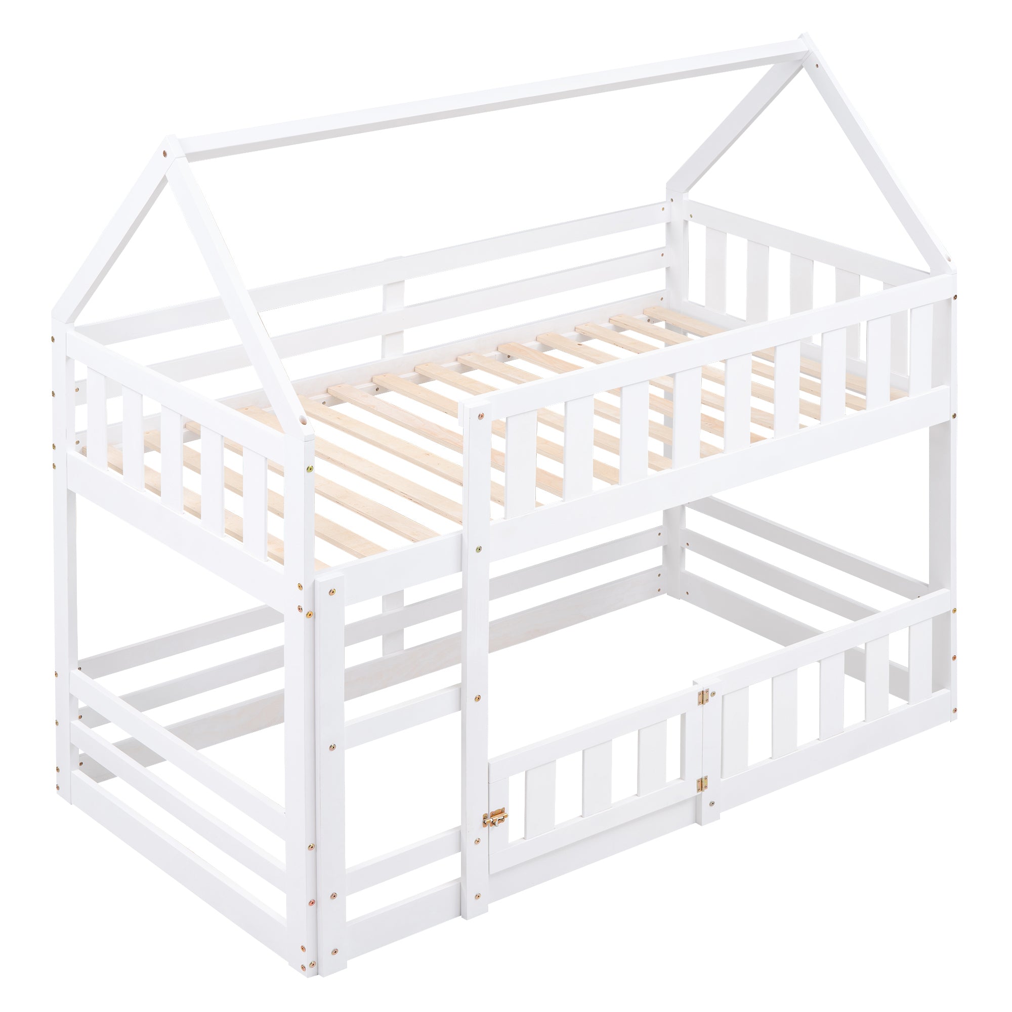 Twin over Twin House Bunk Bed with Fence and Door, White - Atlantic Fine Furniture Melbourne FL
