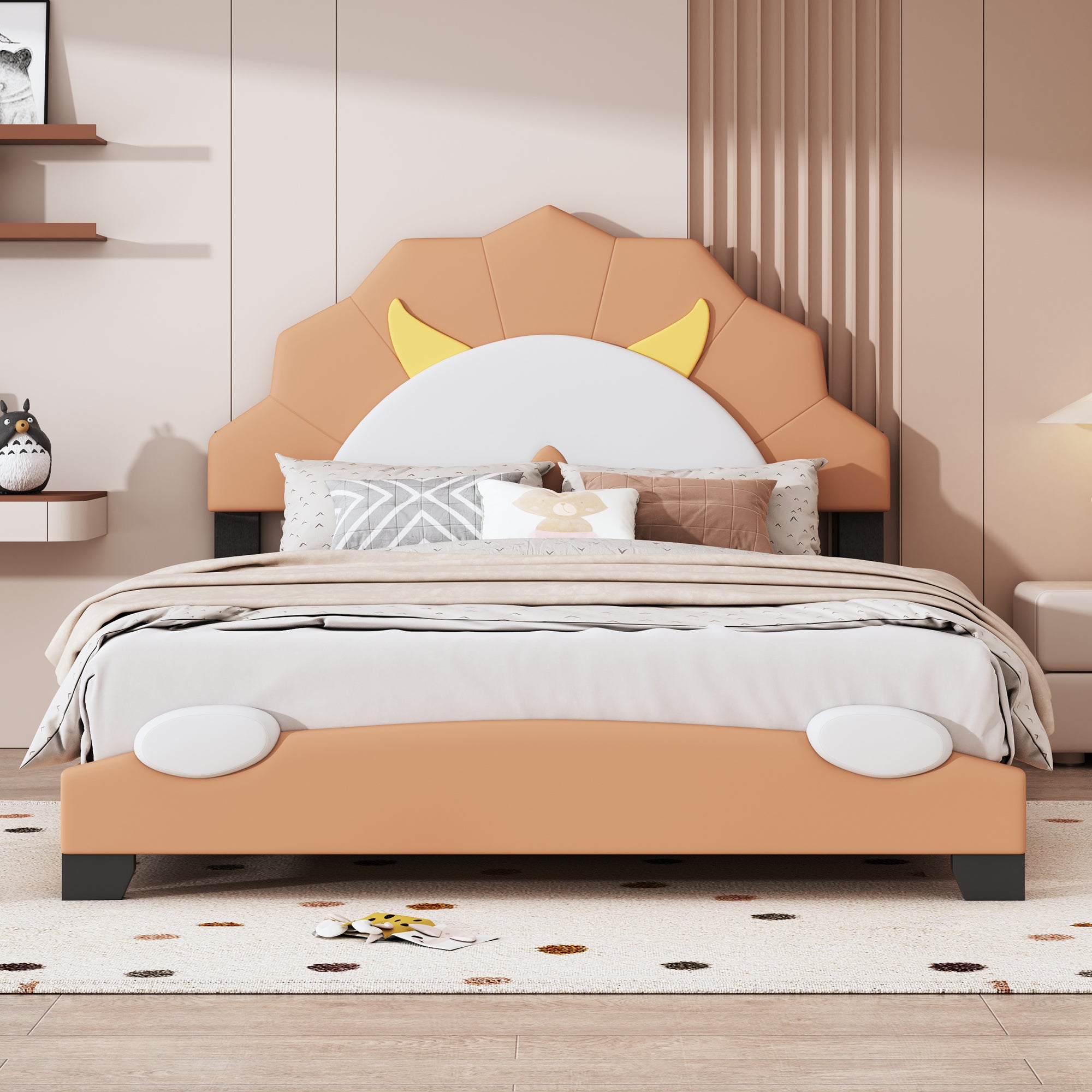 Full Size Upholstered Leather Platform Bed with Lion-Shaped Headboard, Brown - Atlantic Fine Furniture Melbourne FL