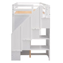 Functional Loft Bed with 3 Shelves, 2 Wardrobes and 2 Drawers,  Ladder with Storage, No Box Spring Needed, White