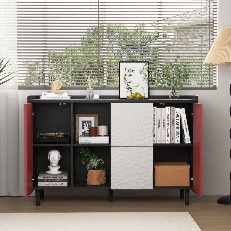 Modern Sideboard Buffet Cabinet With Red Doors And Unique Panel Styling