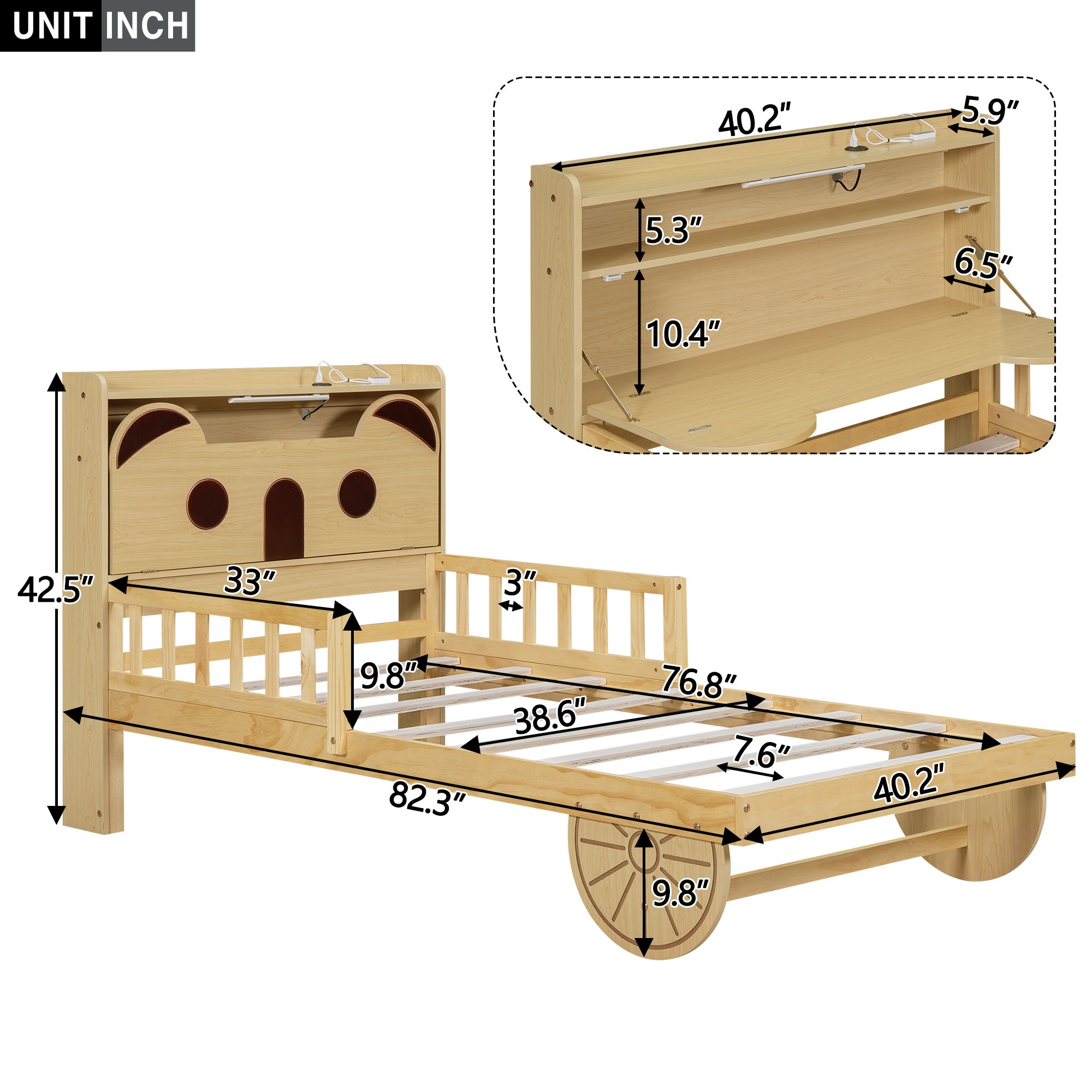 Twin Size Car Bed with Bear-Shaped Headboard, USB and LED, Natural - Atlantic Fine Furniture Melbourne FL