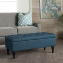 Hyatt - Suede Storage Ottoman With Tufted Top And Dark Wooden Legs - Navy Blue