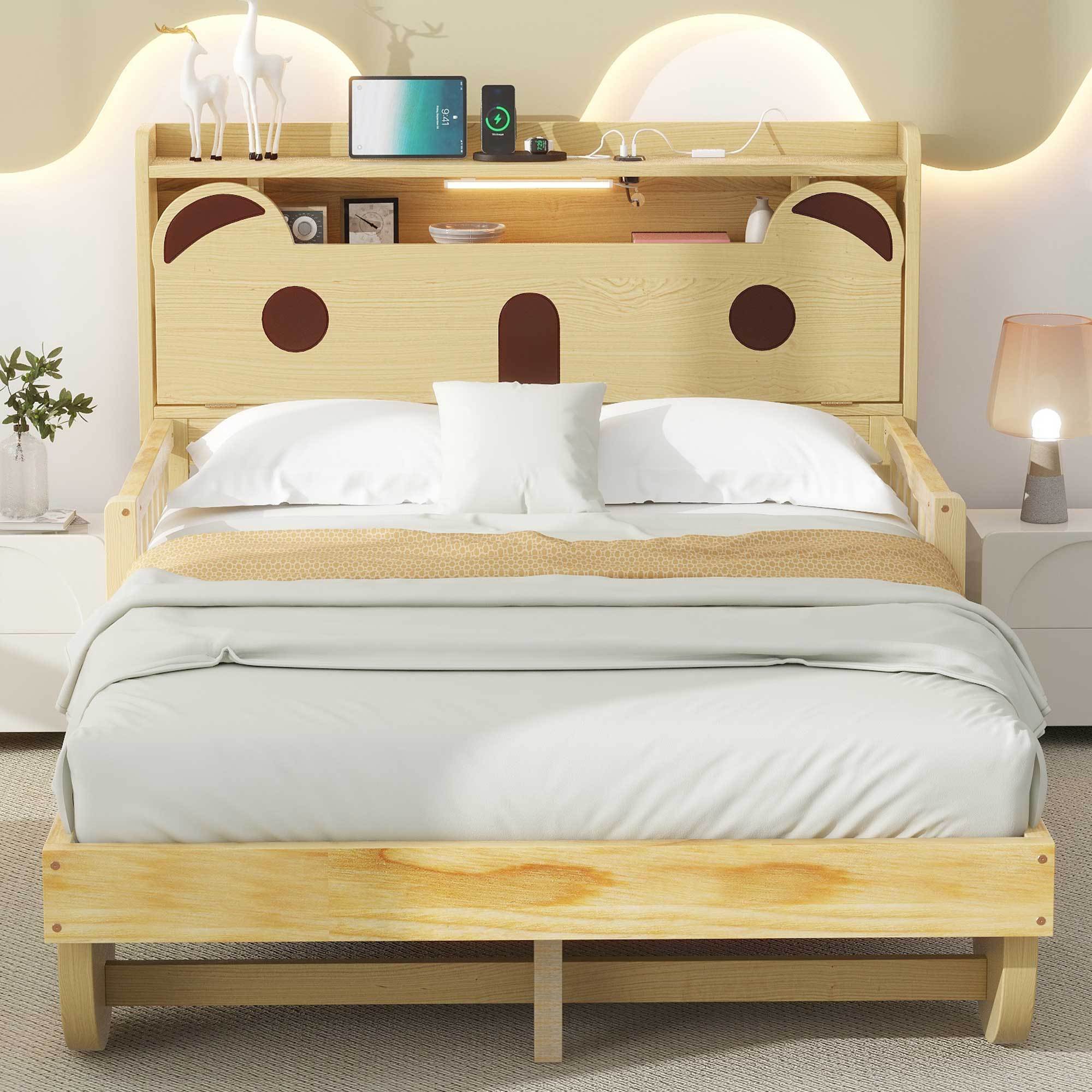 Full Size Car Bed with Bear-Shaped Headboard, USB and LED, Natural - Atlantic Fine Furniture Melbourne FL