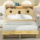 Full Size Car Bed with Bear-Shaped Headboard, USB and LED, Natural