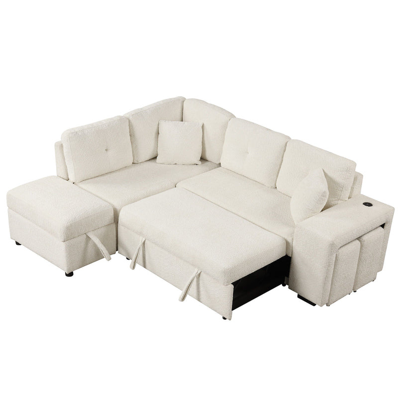 Convertible Sleeper, Sectional Pull Out Sofa Bed With Storage Ottoman, 2 Throw Pillows, 2 Stools, Wireless Charger And Two Hidden USB Ports For Living Room