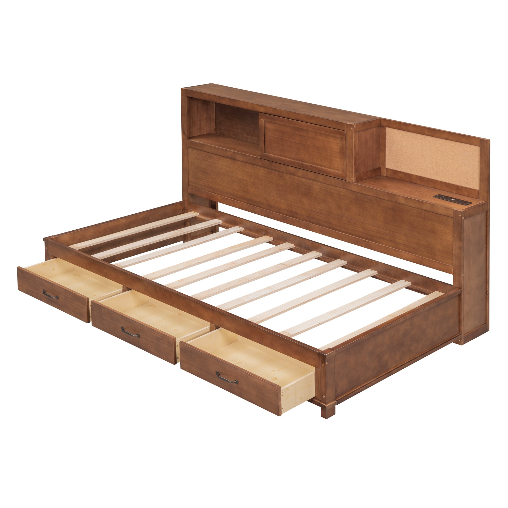 Twin Size Wooden Daybed with 3 Storage Drawers, Upper Soft Board, shelf, and a set of Sockets and USB Ports, Brown - Atlantic Fine Furniture Melbourne FL
