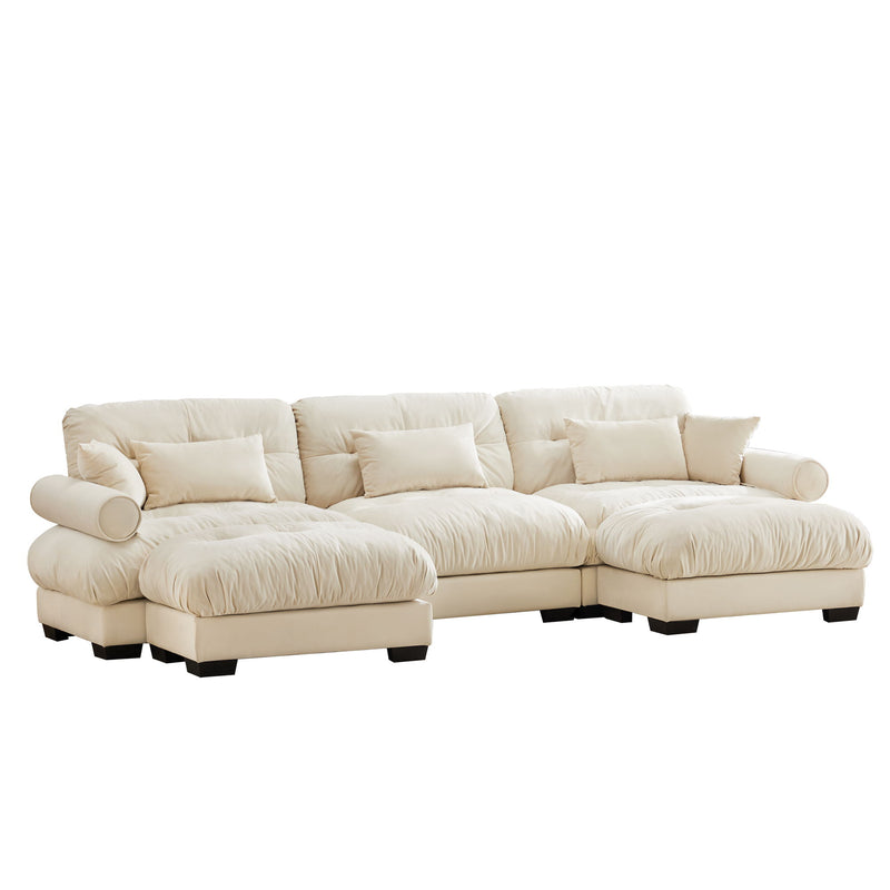 Modern Sectional Sofa With Ottoman, Round Bolster Armrests, Waist And Throw Pillows