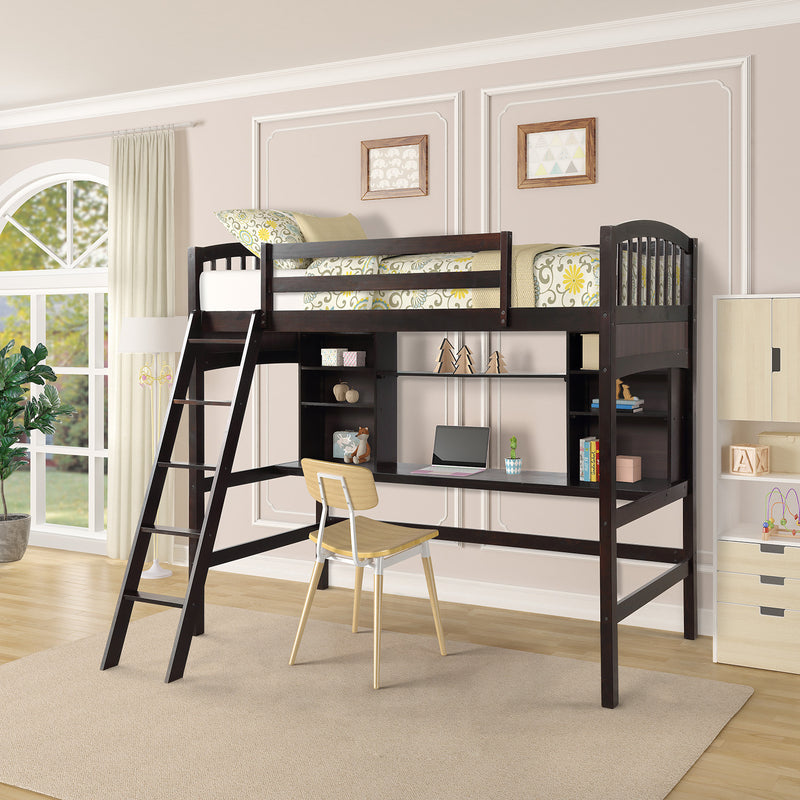 Twin size Loft Bed with Storage Shelves, Desk and Ladder, Espresso(OLD SKU :LP000140PAA)