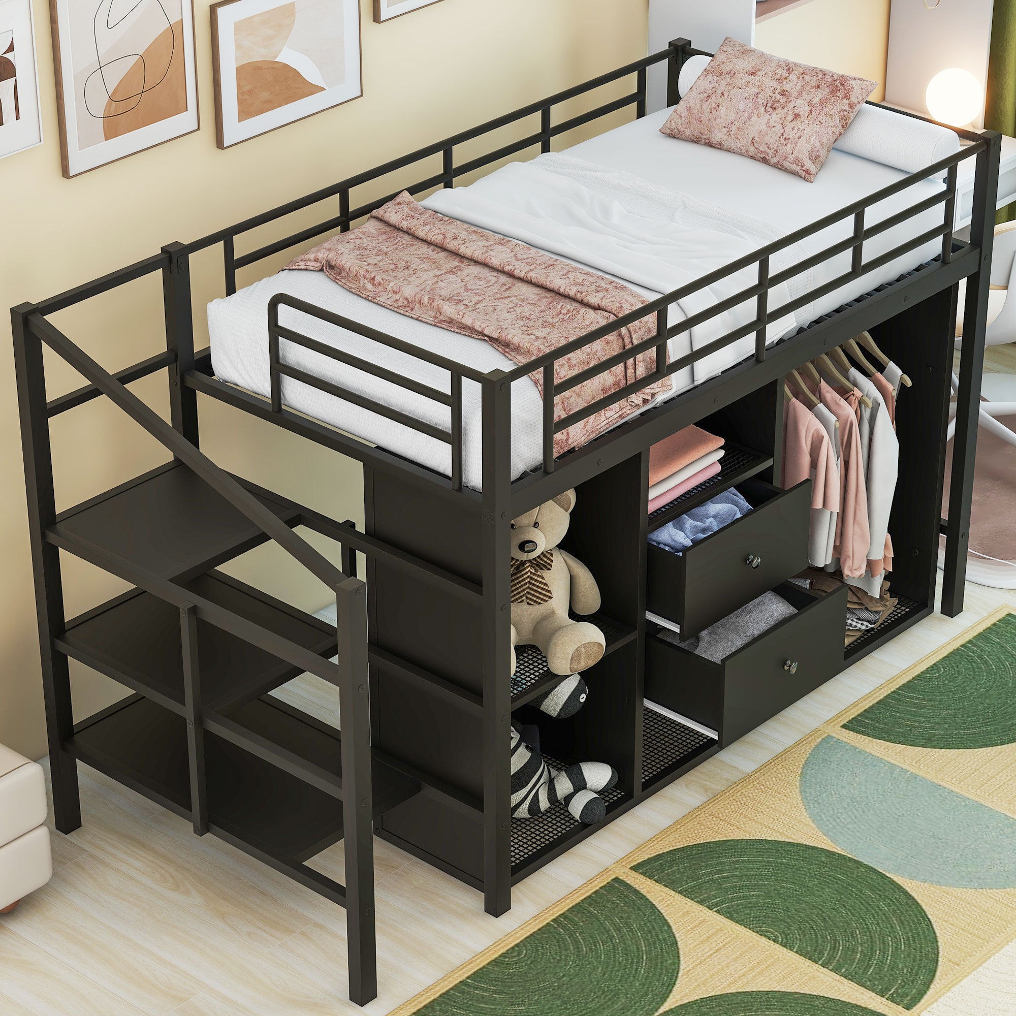 Twin Size Metal Loft Bed with Drawers, Storage Staircase and Small Wardrobe - Atlantic Fine Furniture Melbourne FL