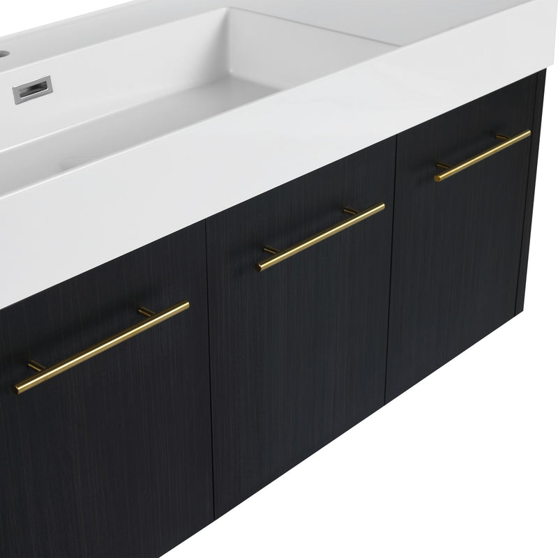 Modern Chestnut Wall Mounted Bathroom Vanity With Left Resin Sink And Storage Rack - Black Chestnut