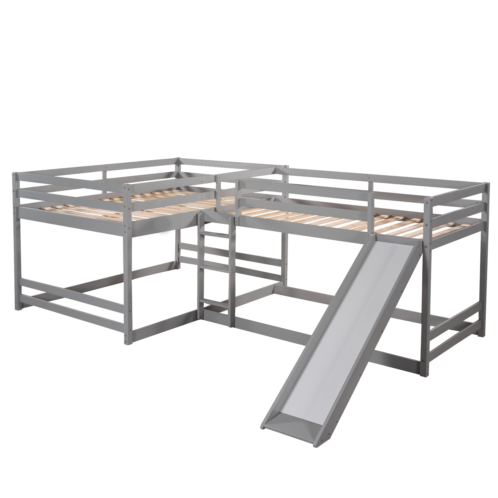 Full and Twin Size L-Shaped Bunk Bed with Slide and Short Ladder,Gray - Atlantic Fine Furniture Melbourne FL