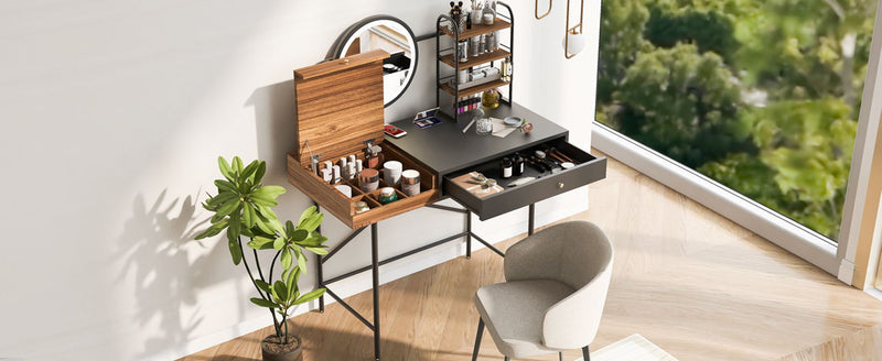 Makeup Vanity Desk With 3-Mode Lighted Mirror & Wireless Charging Station, Vanity Table With Drawer & 3 Open Shelves For Ample Storage Space, Dressing Table For Bedroom