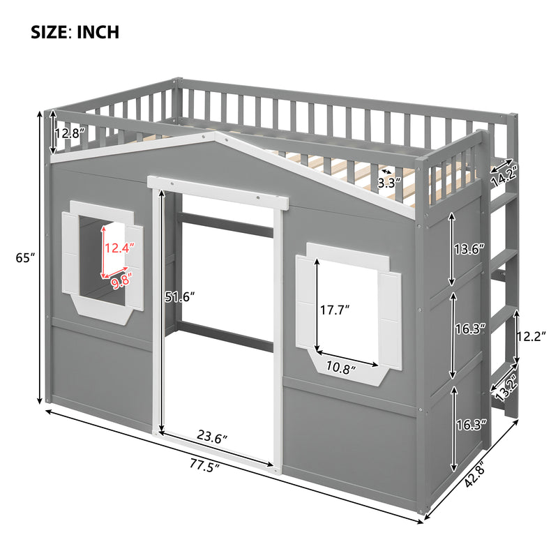 Twin Size House Loft Bed With Ladder-Gray+White Frame
