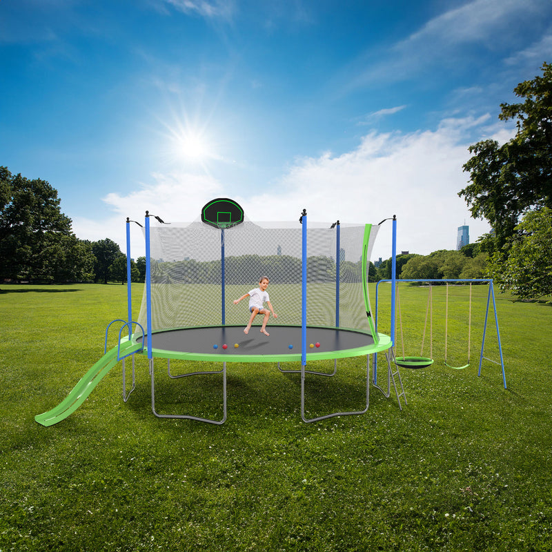 12Ft Trampoline With Slide And Swings, Astm Approved Large Recreational Trampoline With Basketball Hoop And Ladder, Outdoor Backyard Trampoline With Net, Capacity For Kids And Adults - Green / Blue