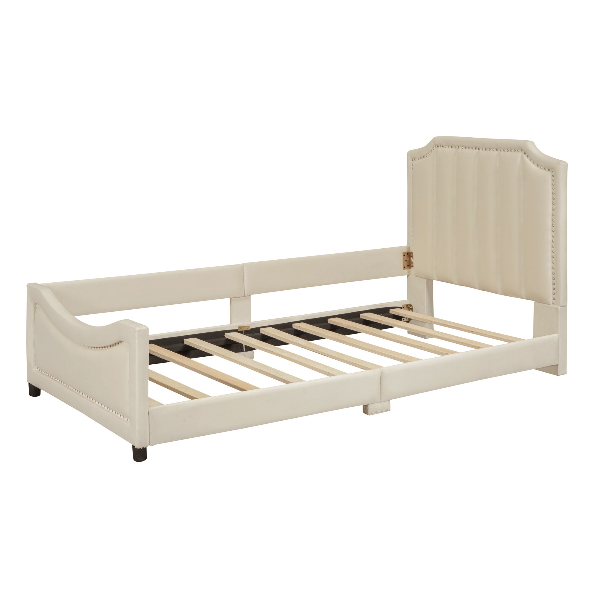 Twin Size Upholstered Daybed with Classic Stripe Shaped  Headboard, Beige - Atlantic Fine Furniture Melbourne FL