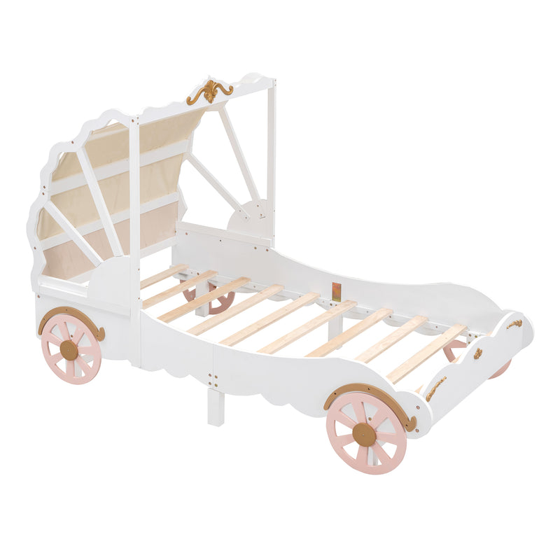 Twin Size Princess Carriage Bed with Canopy, Wood Platform Car Bed with 3D Carving Pattern, White+Pink+Gold