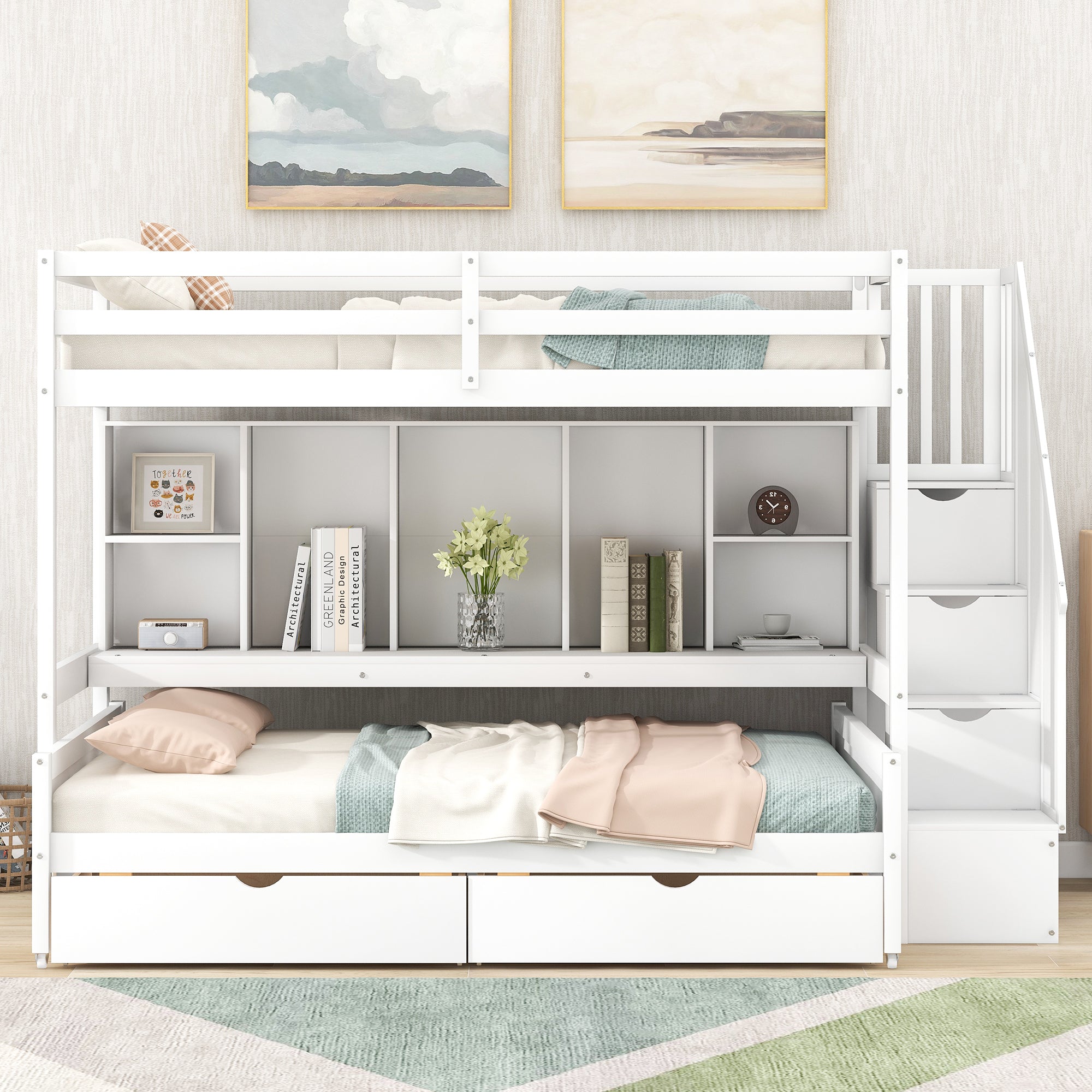 Twin XL over Full Bunk Bed with Built-in Storage Shelves, Drawers and Staircase,White - Atlantic Fine Furniture Melbourne FL