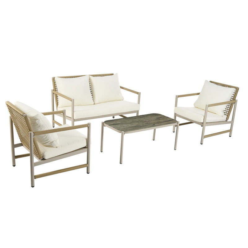 4 Pieces Patio Furniture Set, PE Rattan Wicker With Washable Cushion And Tempered Glass Tabletop, Conversation Furniture For Garden Poolside Balcony